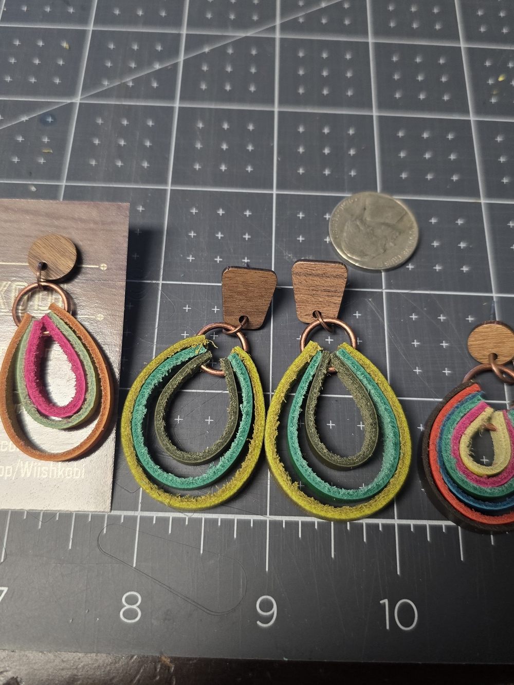 Colorful Layered Teardrop Leather Earrings - Green & Yellow